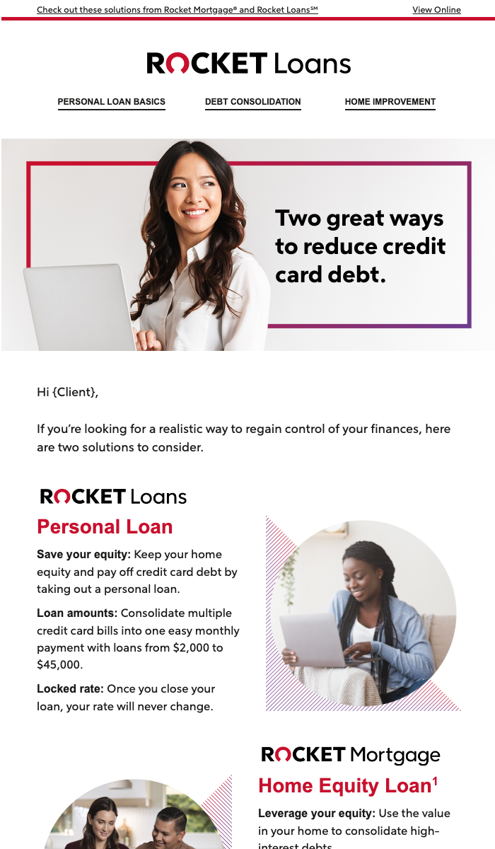 Rocket Loans / Mortgage Marketing 'Personal Loan vs HELOC' email