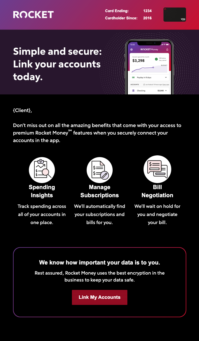 Rocket Money Lifecycle 'Benefits' email